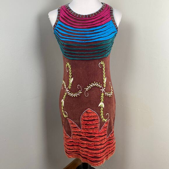 KPC Boho Multicolored Razor Cut Handcrafted Embroidered Bodycon Dress XL - Picture 1 of 8